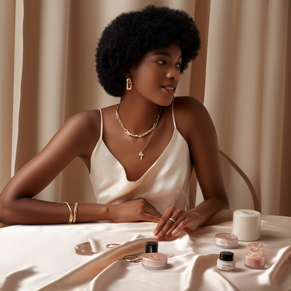 生活瞬间，黑人美女，韩系美女，丝绸，美妆广告，家庭餐桌，4K超清，写实风格，温馨，柔和室内光，细腻皮肤，项链，耳环，手链。