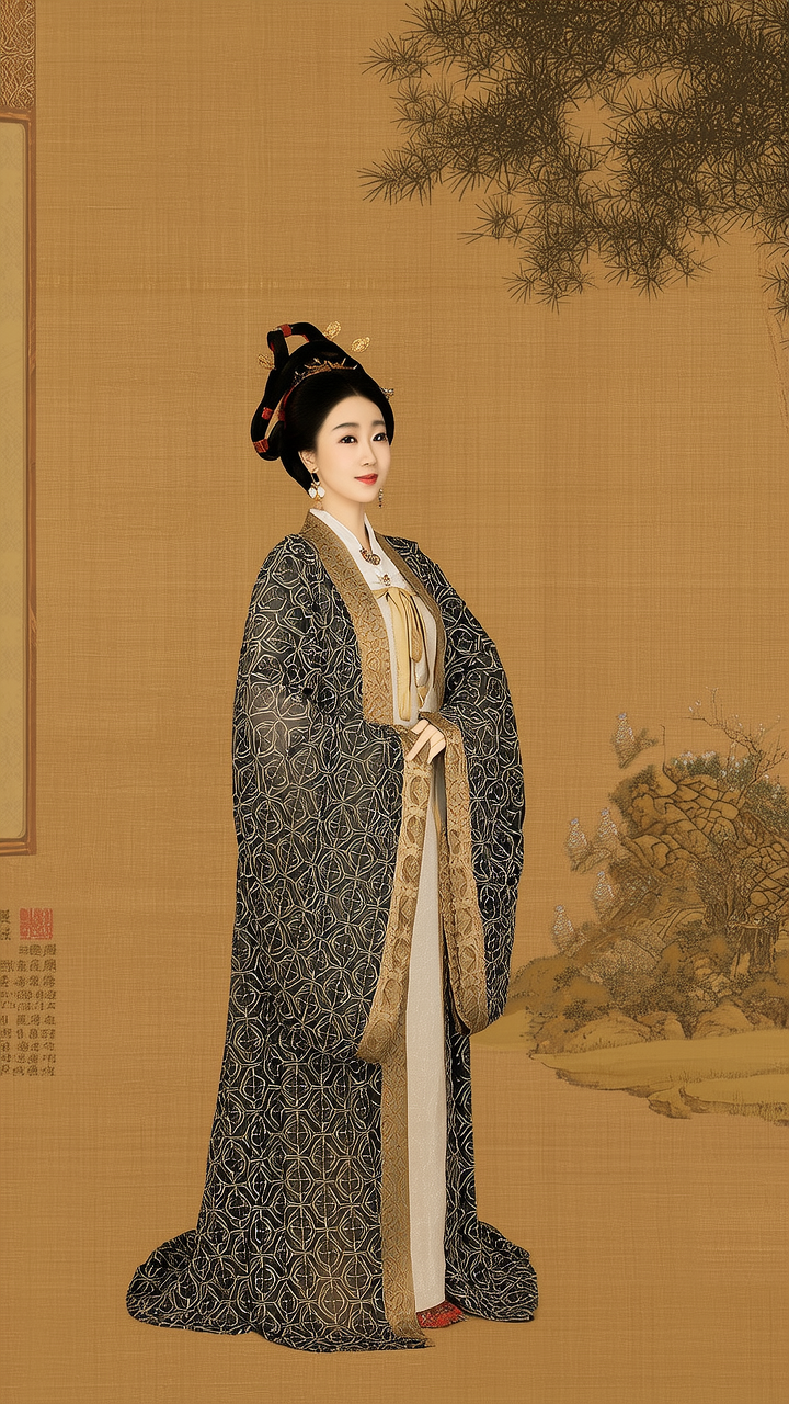 以中国文献内容做参考画一幅周朝全身照美女，背景要体现当时文化，服装要穿当时朝代的，人物要像真人