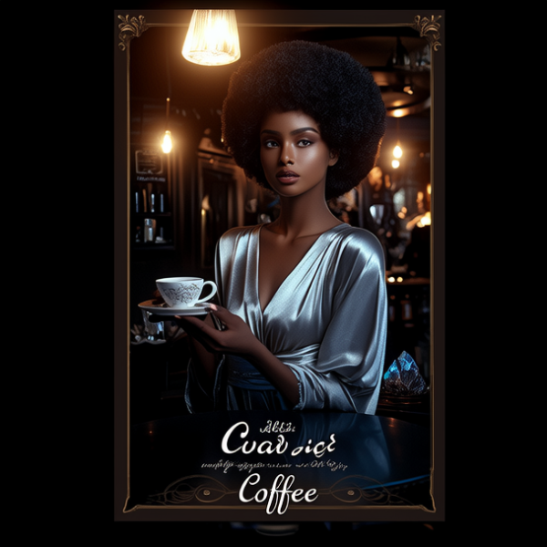 身穿丝绸的美女，魔幻电影，浓密的头发，神秘的咖啡店，8k超高清，大师级作品，优雅、全球照明，魔幻电影照明，3d渲染的高品质魔幻电影，咖啡店，8k，高品质，高清，更多细节，电影打光，神秘，多细节，水晶 