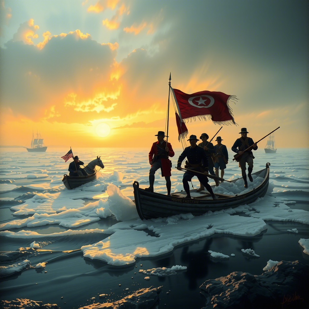 《华盛顿横渡特拉华河》 (Washington Crossing the Delaware) - 埃曼纽尔·勒特泽（Emanuel Leutze）创作，描绘了美国独立战争中的一个关键时刻。