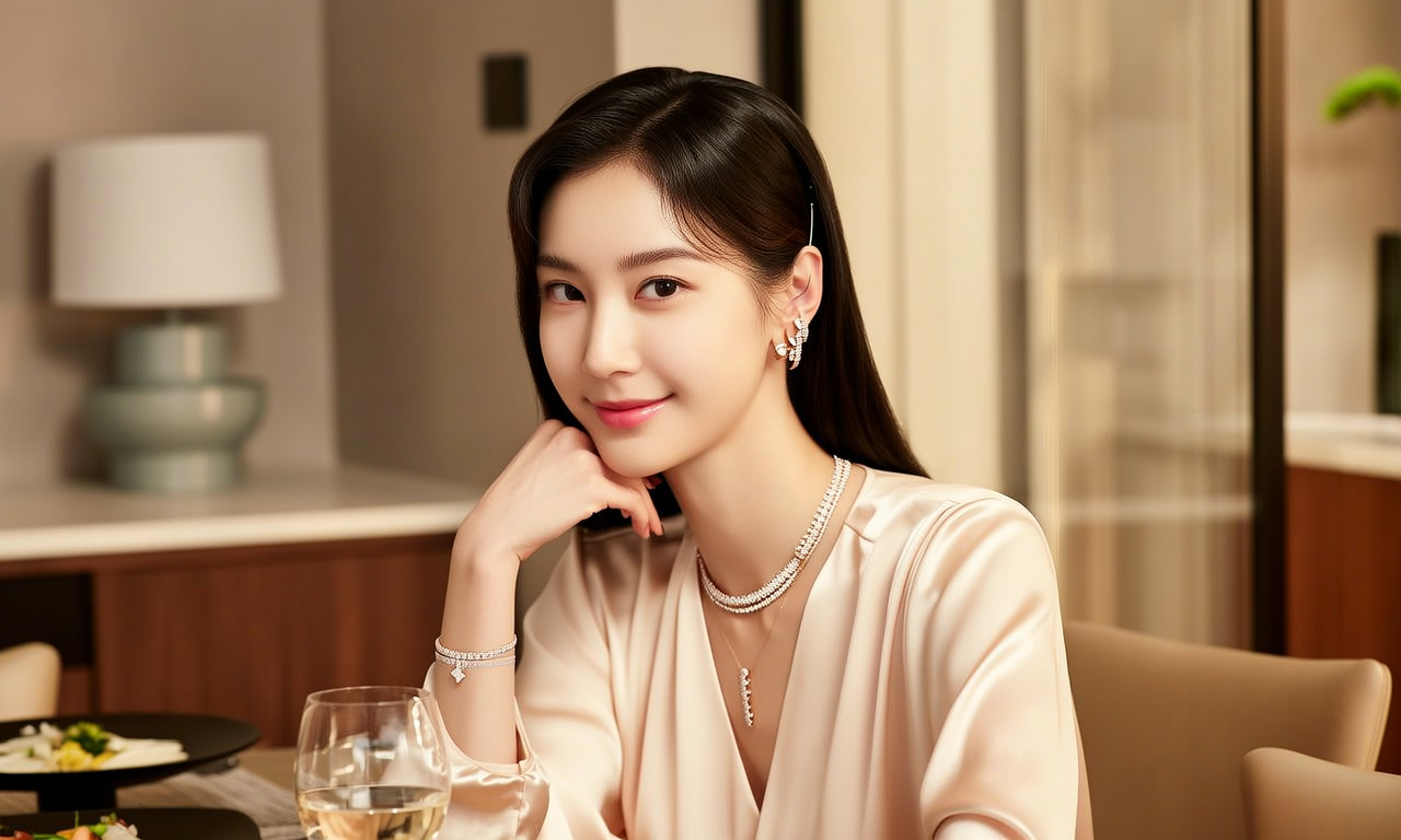 生活瞬间,美女,韩系美女,丝绸,美妆广告,家庭餐桌,4K超清,写实风格,温馨,柔和室内光,细腻皮肤,项链,耳环,手链。 生活瞬间,美女,韩系美女,丝绸,美妆广告,家庭餐桌,4K超清,写实风格,温馨,柔和室内光,细腻皮肤,项链,耳环,手链。