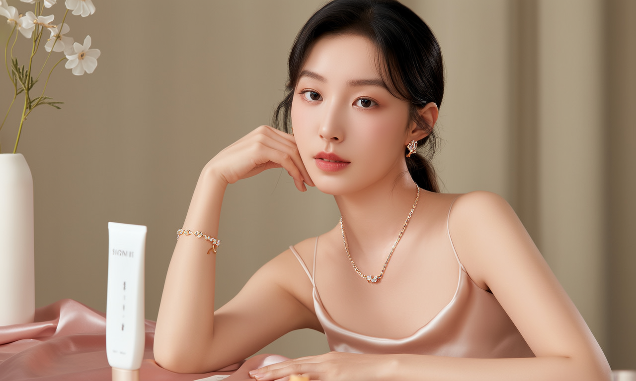 生活瞬间,美女,韩系美女,丝绸,美妆广告,家庭餐桌,4K超清,写实风格,温馨,柔和室内光,细腻皮肤,项链,耳环,手链。 生活瞬间,美女,韩系美女,丝绸,美妆广告,家庭餐桌,4K超清,写实风格,温馨,柔和室内光,细腻皮肤,项链,耳环,手链。