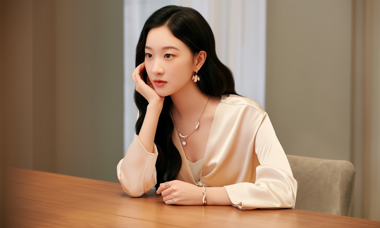 生活瞬间,美女,韩系美女,丝绸,美妆广告,家庭餐桌,4K超清,写实风格,温馨,柔和室内光,细腻皮肤,项链,耳环,手链。 生活瞬间,美女,韩系美女,丝绸,美妆广告,家庭餐桌,4K超清,写实风格,温馨,柔和室内光,细腻皮肤,项链,耳环,手链。