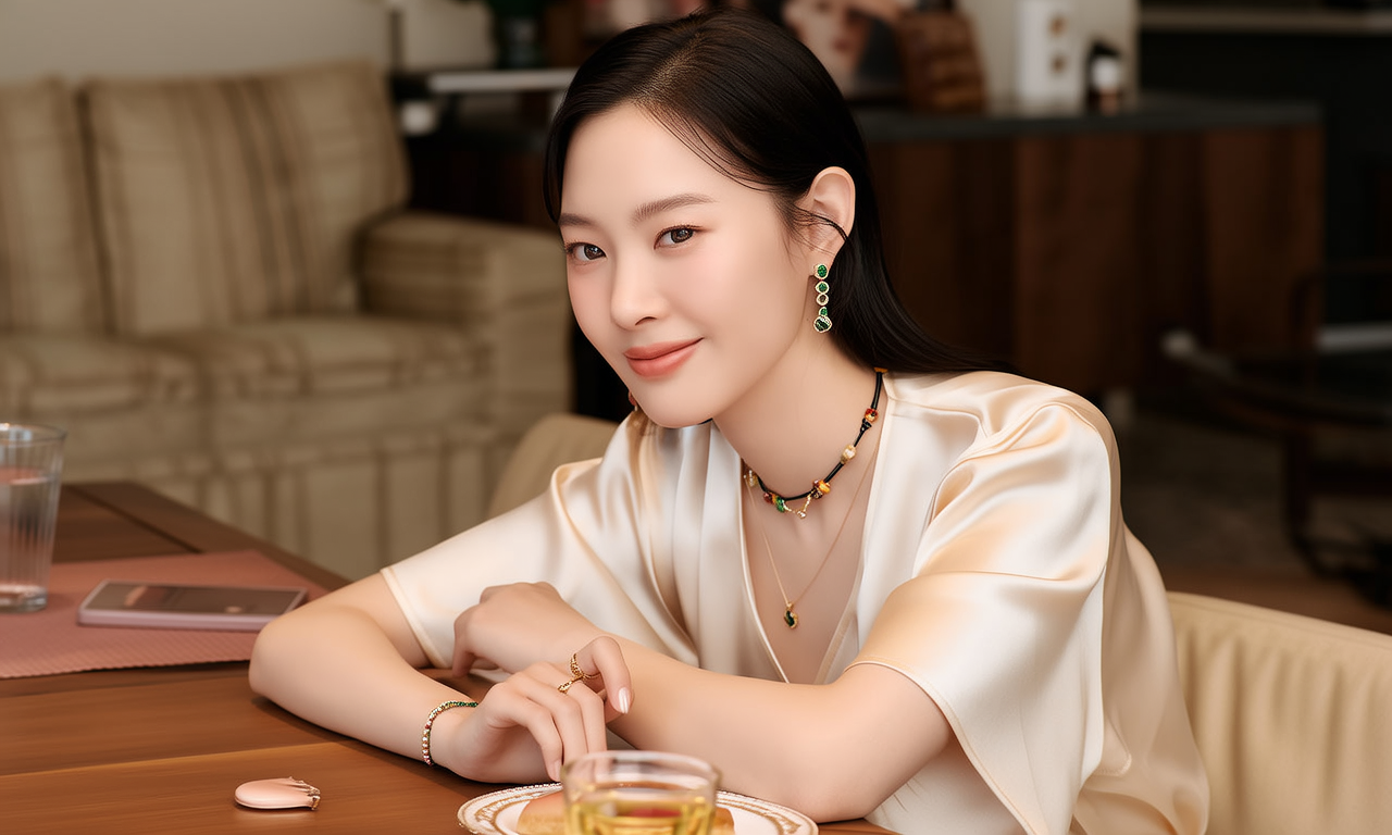 生活瞬间,美女,韩系美女,丝绸,美妆广告,家庭餐桌,4K超清,写实风格,温馨,柔和室内光,细腻皮肤,项链,耳环,手链。 生活瞬间,美女,韩系美女,丝绸,美妆广告,家庭餐桌,4K超清,写实风格,温馨,柔和室内光,细腻皮肤,项链,耳环,手链。