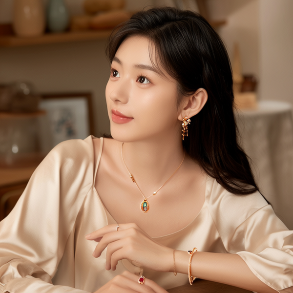 生活瞬间，美女，韩系美女，丝绸，美妆广告，家庭餐桌，4K超清，写实风格，温馨，柔和室内光，细腻皮肤，项链，耳环，手链。